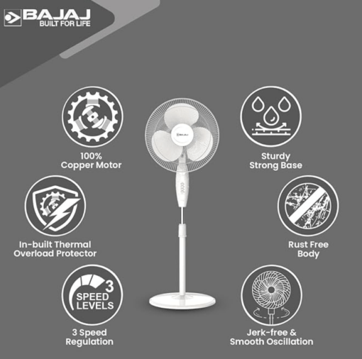 Bajaj Frore Neo 400 MM Oscillating Pedestal Fan for Home | Aerodynamically Balanced Blades | 100% CopperMotor | HighAir Delivery | 3-Speed Control | Rust Free | 2-Yr Warranty 【White】 - Image 3